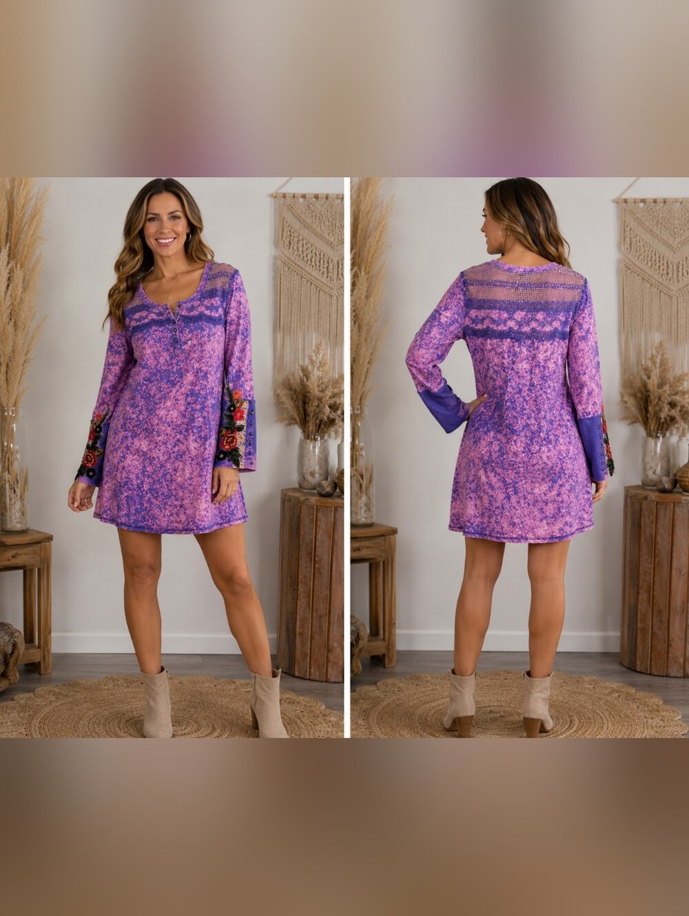 Aratta Silent Journey Medium Purple Tie Dye Embroidered Tunic Dress Top NWT Boho
